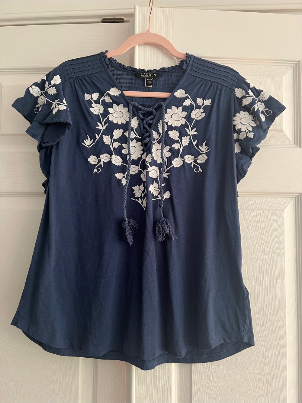 Lauren Ralph Lauren Navy Top with White Floral Embroidery and Tassel Tie